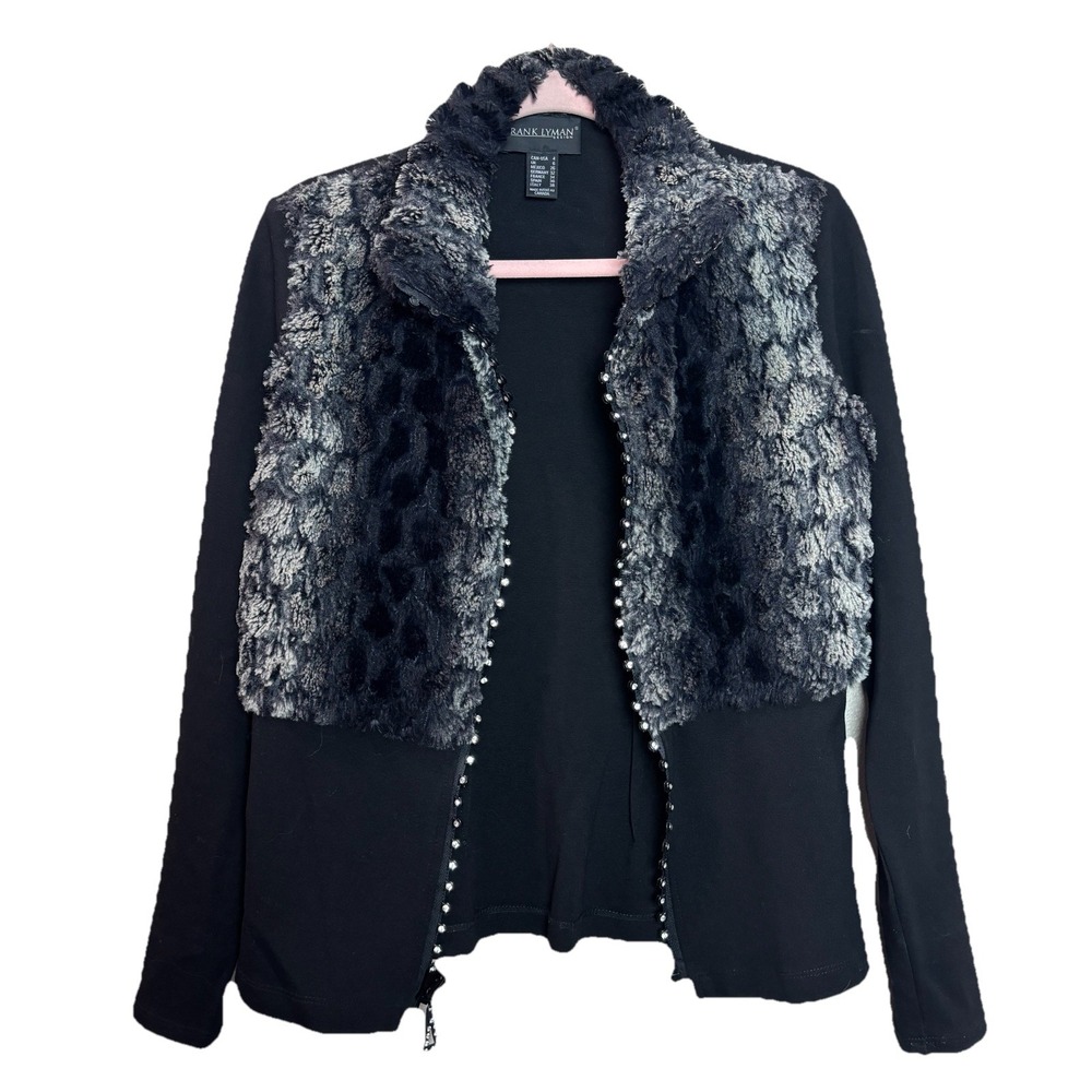 FRANK LYMAN Zip Sweater‎ Jacket Faux Fur Rhinestone Black Glam y2k Size Small 4